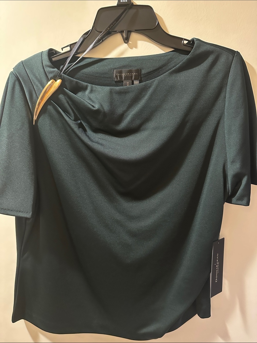 Donna Karan Forest Green Draped Neck Short Sleeve Top